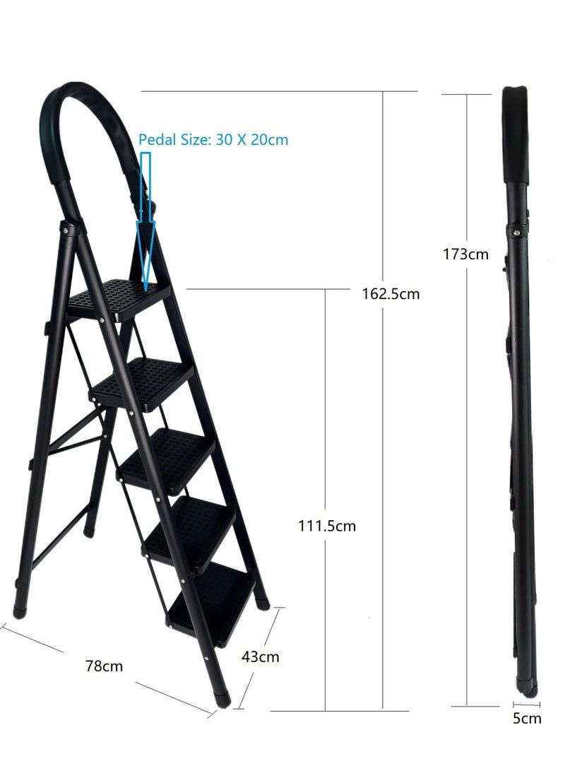 كابجون سلم قابل للطي منزليًا ذو خطوات قابلة للطي مزود بدعامة أمان ودواسات واسعة مضادة للانزلاق وسلم خفيف الوزن وذو خطوات متينة للاستخدام المنزلي (أسود، 5 خطوات) - Image 2